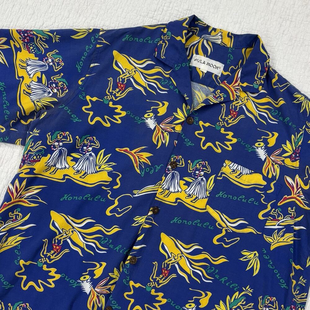 Vintage Hula Moon Mens Size XL Hawaiian Hula Girl Button Up